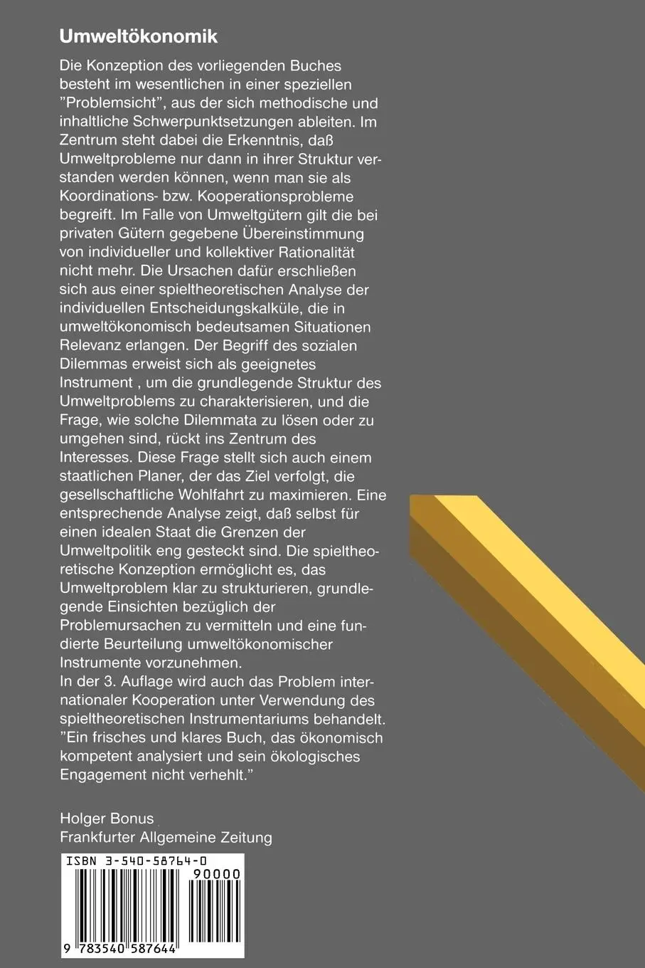 Rückseite: 9783540587644 | Umweltökonomik | Eine theorieorientierte Einführung | Joachim Weimann