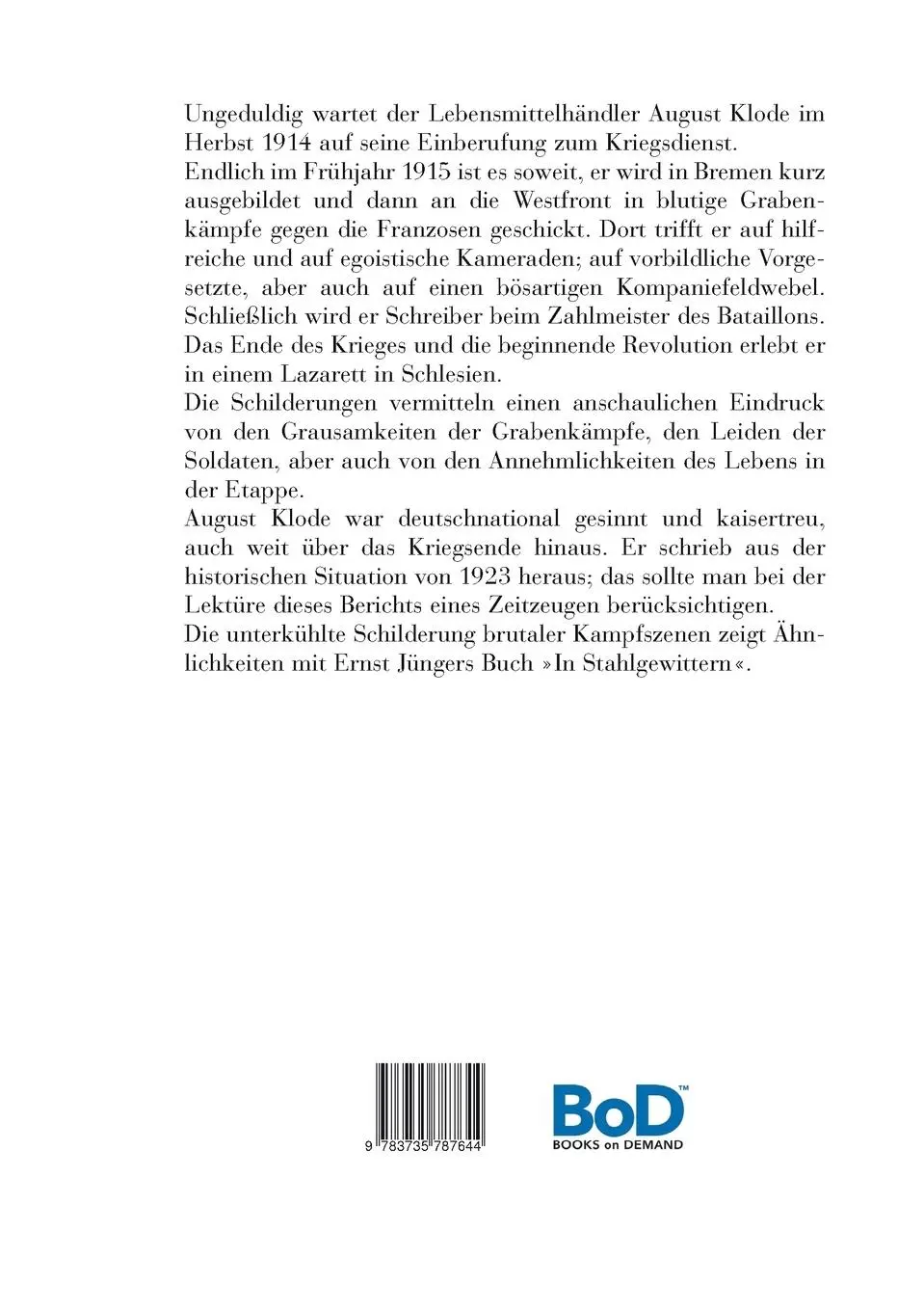 Rückseite: 9783735787644 | Ich erfüllte meine Pflicht | Ein Soldatenleben im I. Weltkrieg | Klode