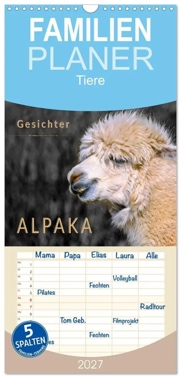 Cover: 9783594337844 | Familienplaner 2027 - Alpaka Gesichter mit 5 Spalten (Wandkalender,...