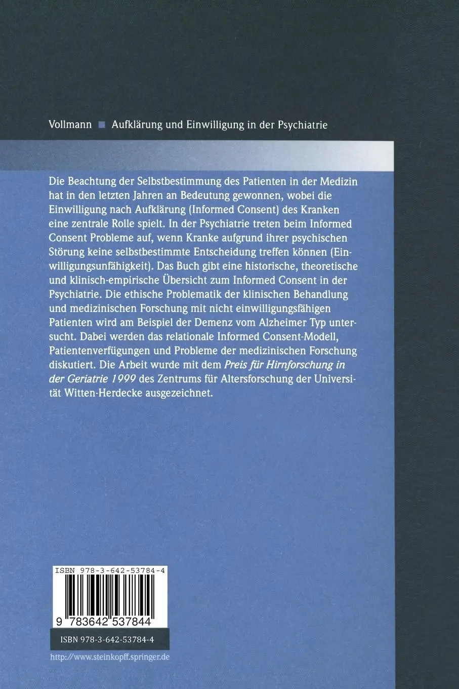 Rückseite: 9783642537844 | Aufklärung und Einwilligung in der Psychiatrie | Jochen Vollmann | x