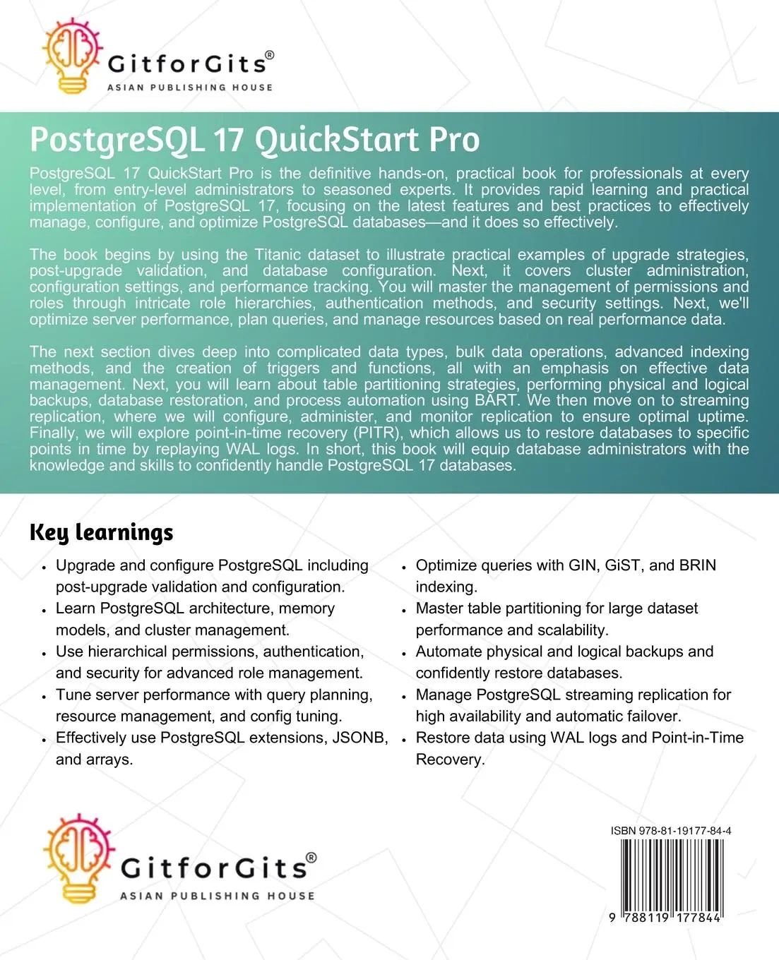 Rückseite: 9788119177844 | PostgreSQL 17 QuickStart Pro | Tessa Vorin | Taschenbuch | Englisch