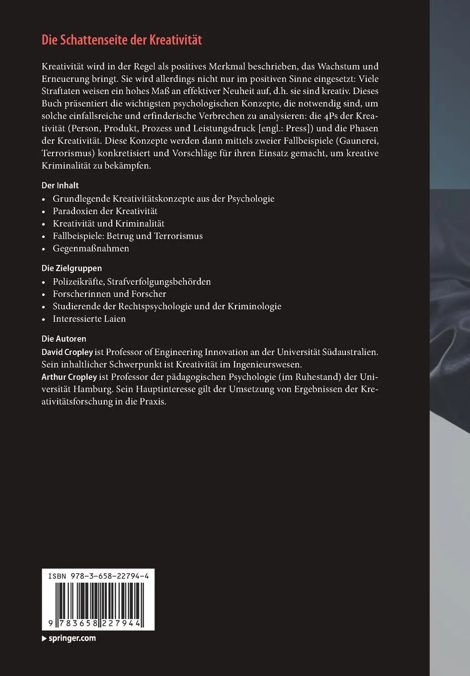 Rückseite: 9783658227944 | Die Schattenseite der Kreativität | Arthur Cropley (u. a.) | Buch