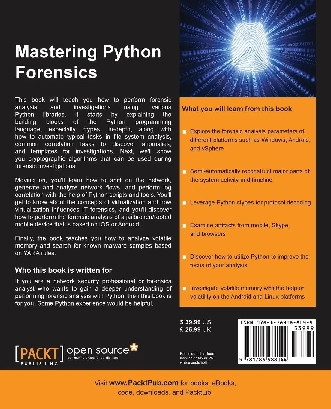 Rückseite: 9781783988044 | Mastering Python Forensics | Michael Spreitzenbarth (u. a.) | Buch