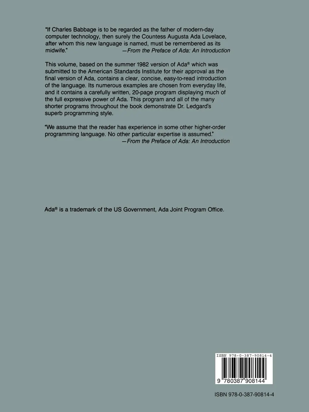 Rückseite: 9780387908144 | ADA® | An Introduction | Henry Ledgard | Taschenbuch | viii | Englisch