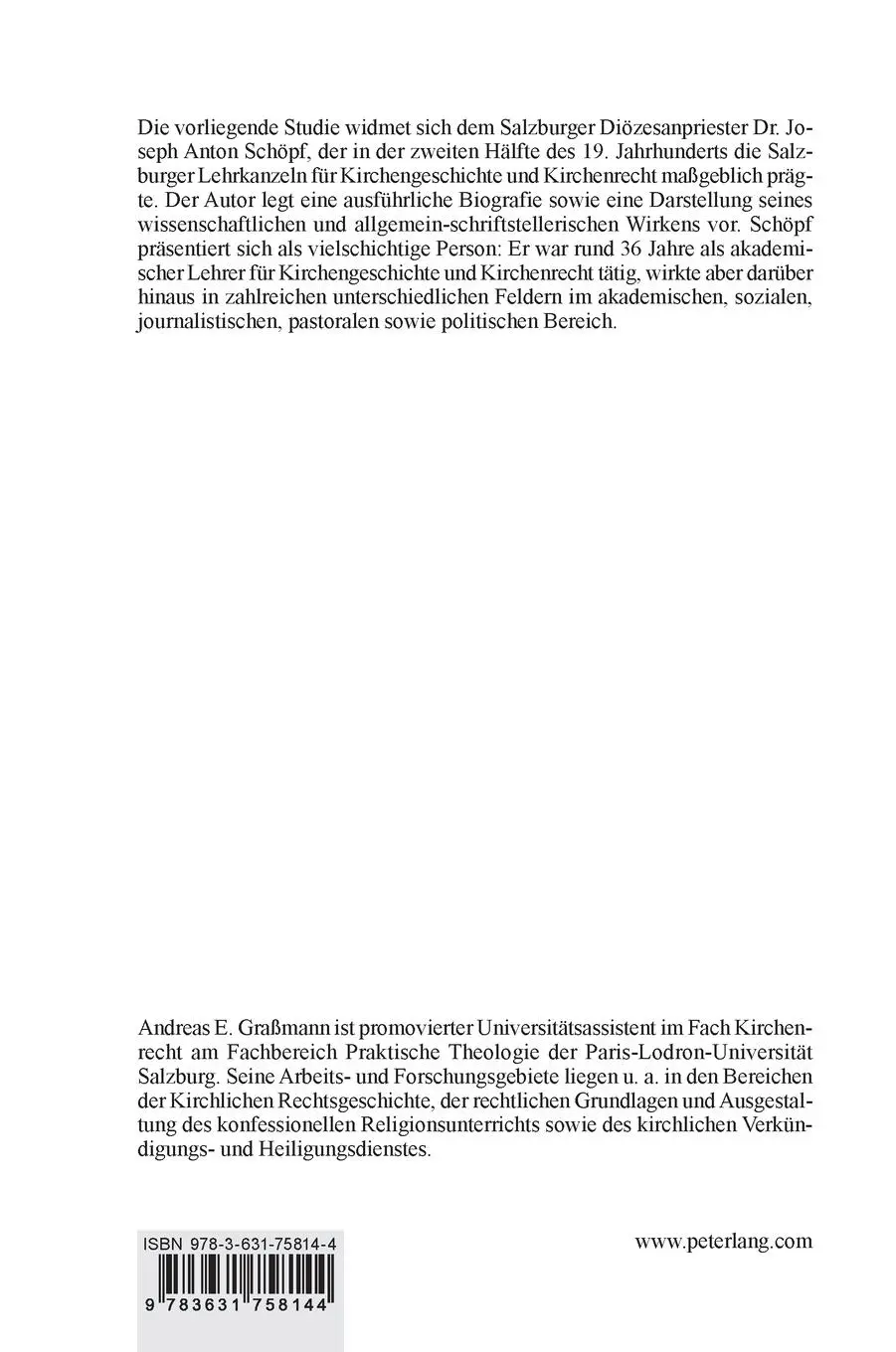 Rückseite: 9783631758144 | Joseph Anton Schöpf | Kanonist ¿ Schriftsteller ¿ Seelsorger | Buch