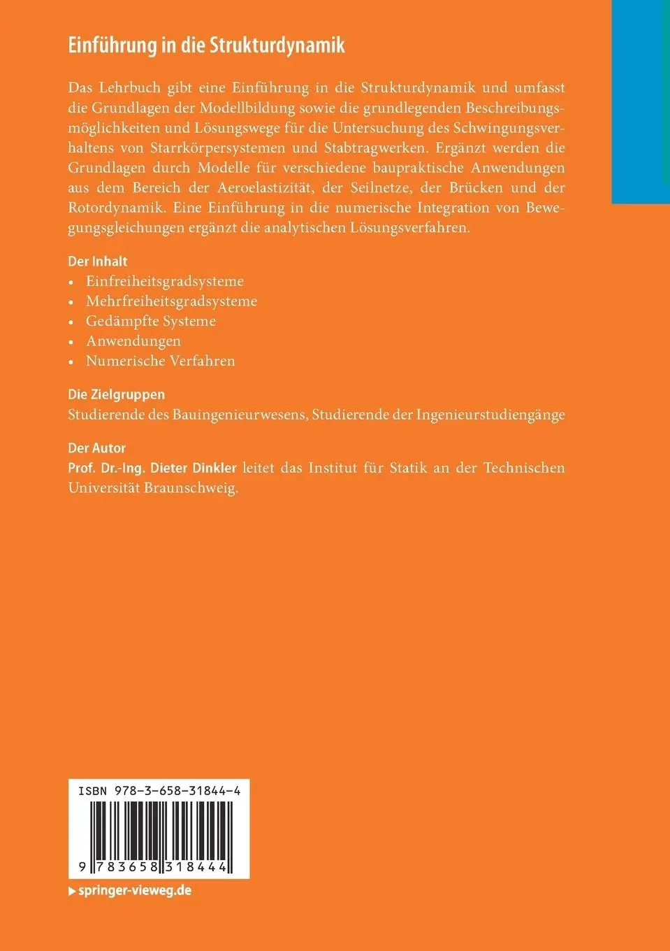 Rückseite: 9783658318444 | Einführung in die Strukturdynamik | Modelle und Anwendungen | Dinkler