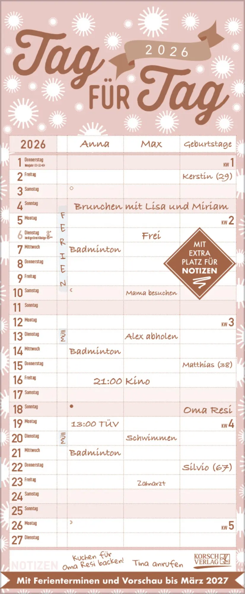 Cover: 9783731888444 | Premium Familientimer Tag für Tag 2026 | Verlag Korsch | Kalender