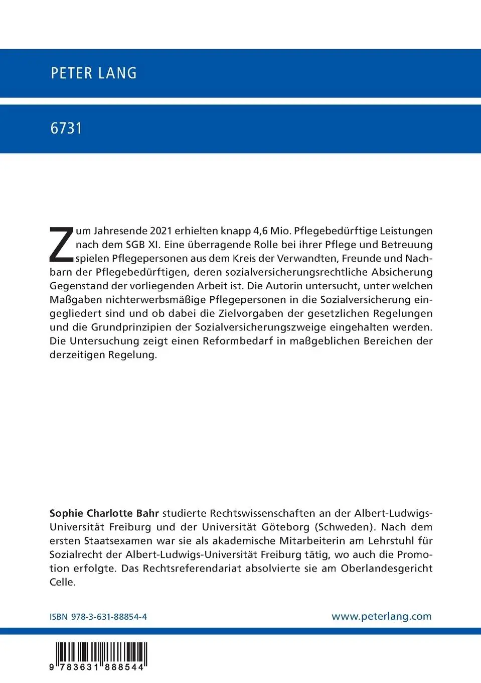 Rückseite: 9783631888544 | Nichterwerbsmäßige Pflegepersonen in der Sozialversicherung | Bahr