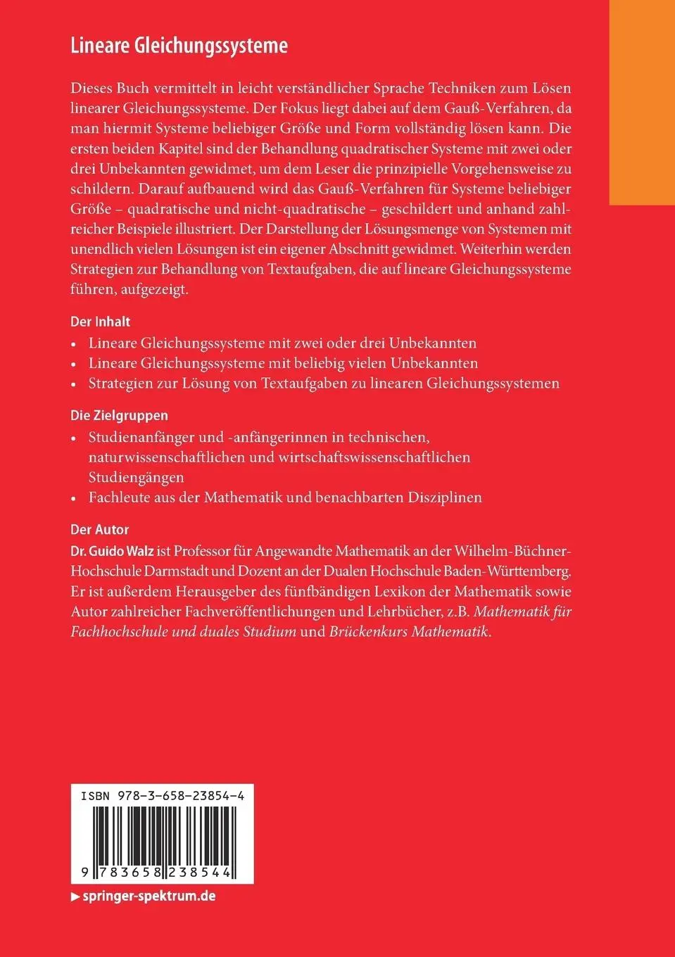 Rückseite: 9783658238544 | Lineare Gleichungssysteme | Klartext für Nichtmathematiker | Walz
