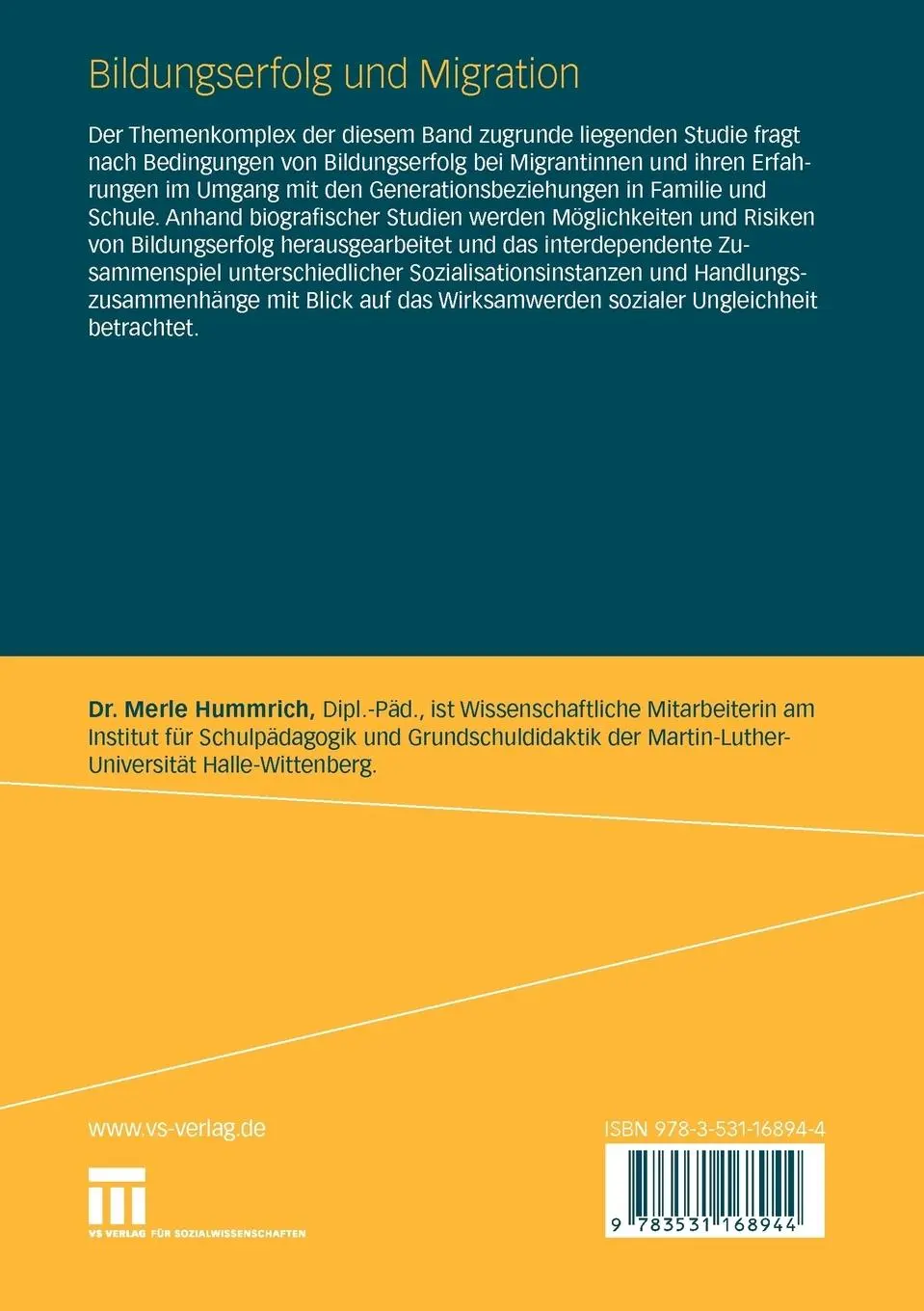 Rückseite: 9783531168944 | Bildungserfolg und Migration | Merle Hummrich | Taschenbuch | 279 S.