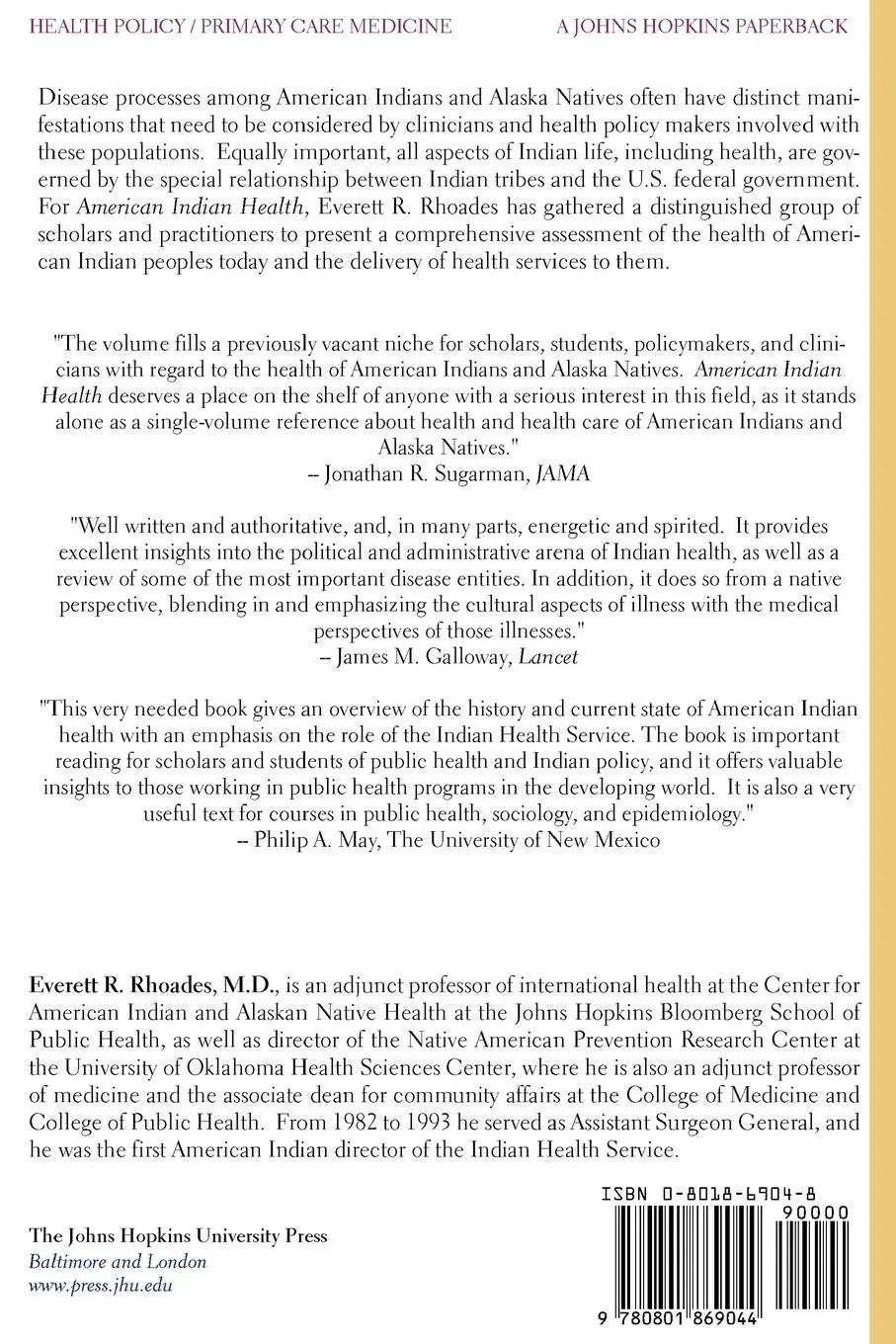 Rückseite: 9780801869044 | American Indian Health | Everett R. Rhoades | Taschenbuch | Englisch