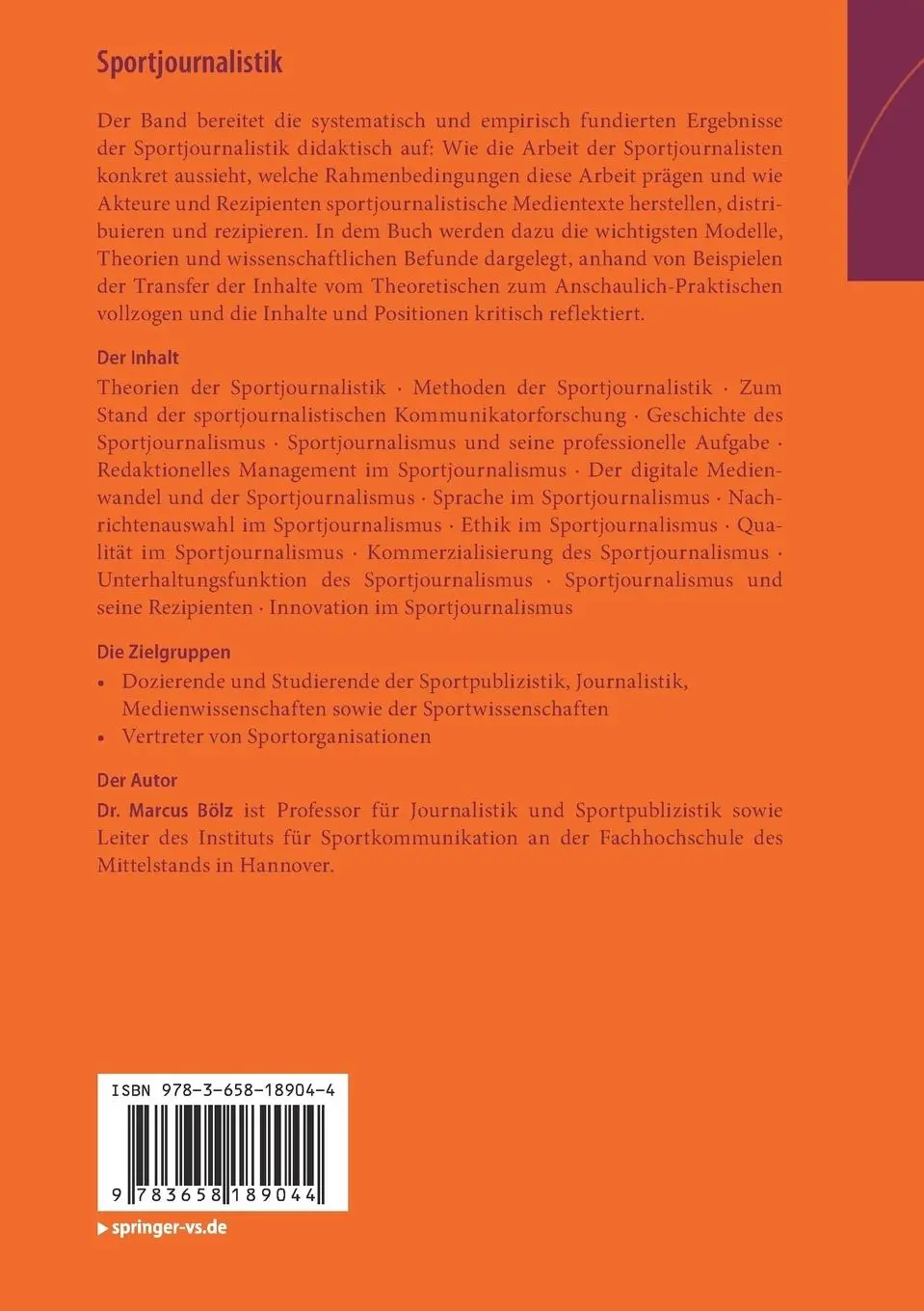 Rückseite: 9783658189044 | Sportjournalistik | Marcus Bölz | Taschenbuch | xvii | Deutsch | 2017