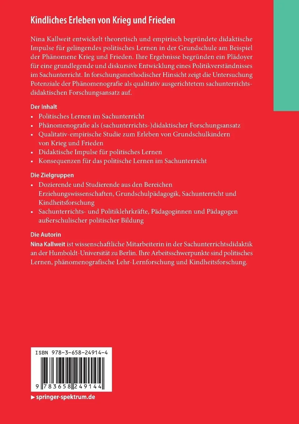 Rückseite: 9783658249144 | Kindliches Erleben von Krieg und Frieden | Nina Kallweit | Taschenbuch