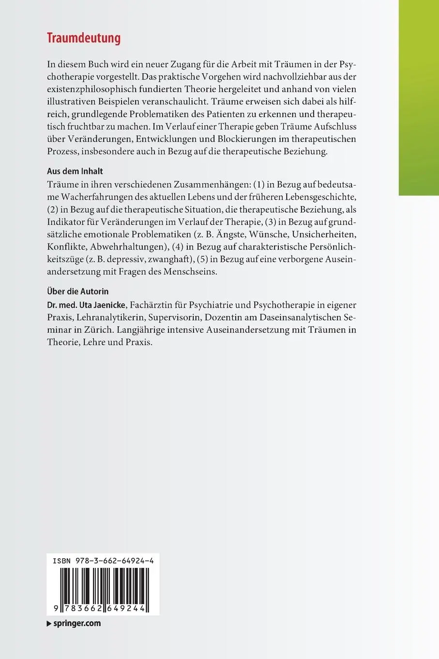 Rückseite: 9783662649244 | Traumdeutung | Uta Jaenicke | Taschenbuch | ix | Deutsch | 2022