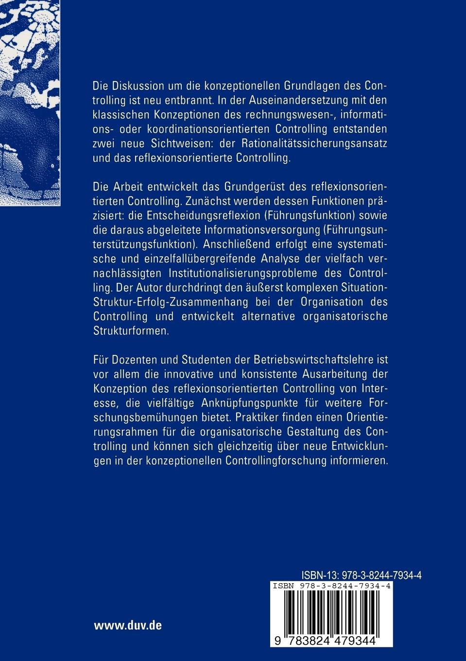 Rückseite: 9783824479344 | Reflexionsorientiertes Controlling | Konzeption und Gestaltung | Buch