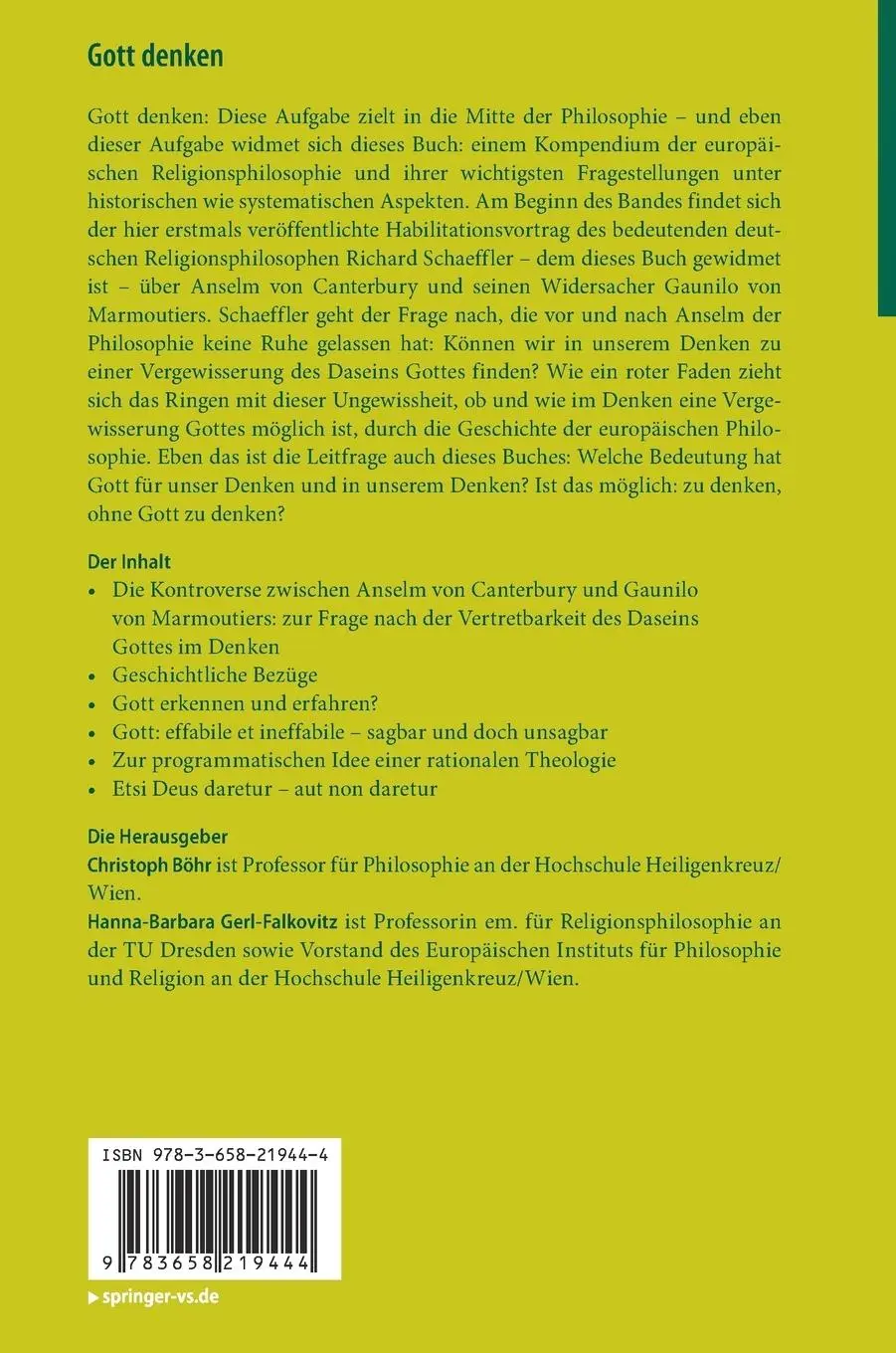 Rückseite: 9783658219444 | Gott denken | Zur Philosophie von Religion | Gerl-Falkovitz (u. a.)