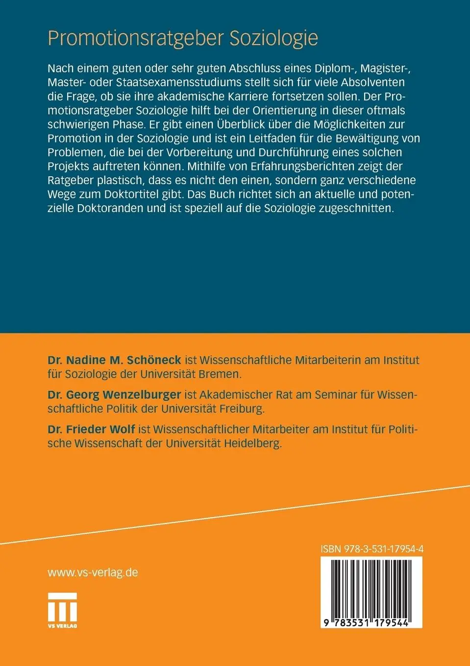 Rückseite: 9783531179544 | Promotionsratgeber Soziologie | Nadine M. Schöneck (u. a.) | Buch