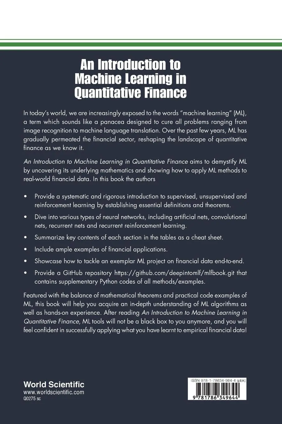 Rückseite: 9781786349644 | INTRODUCTION TO MACHINE LEARNING AND QUANTITATIVE FINANCE | Ni Hao