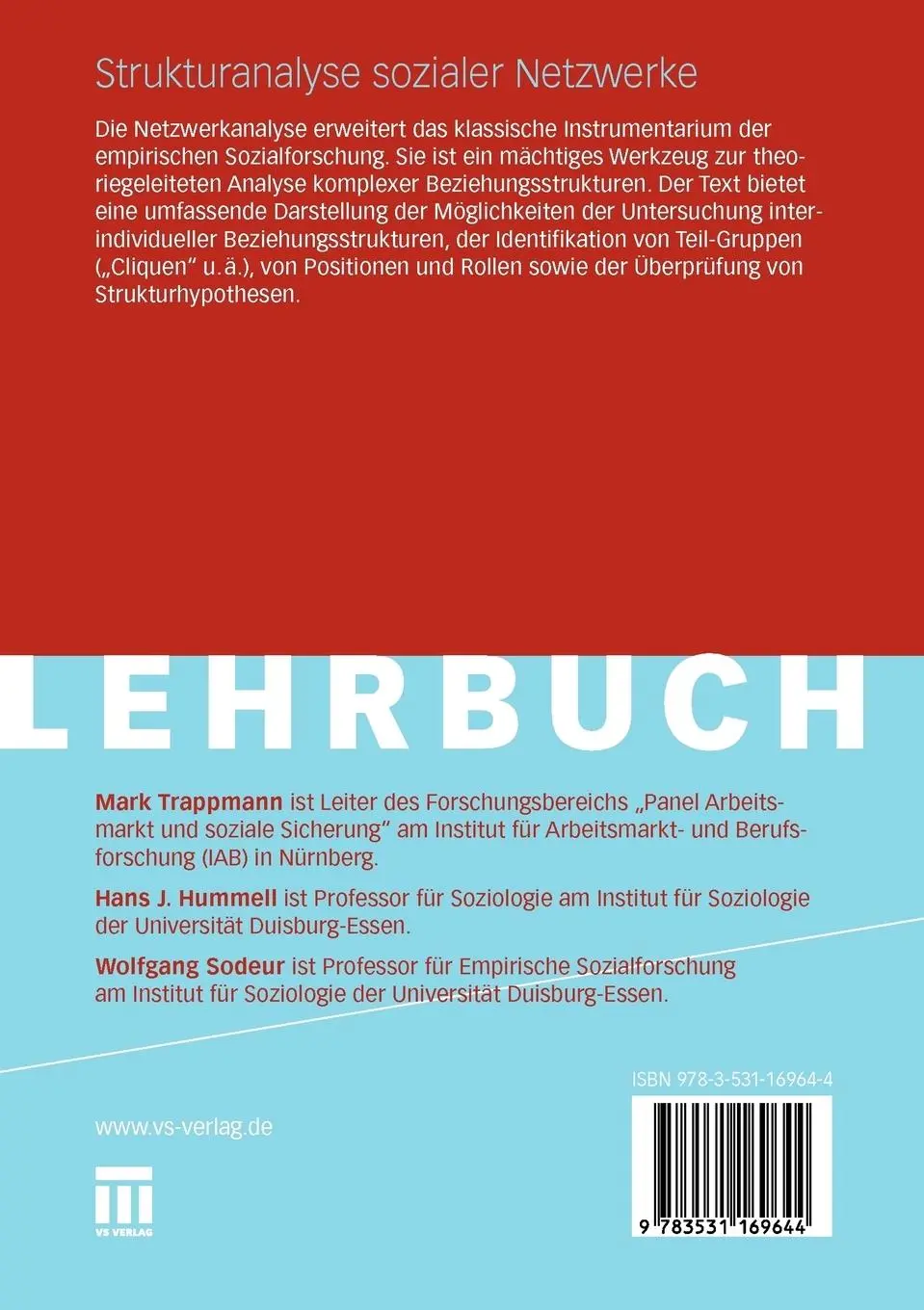 Rückseite: 9783531169644 | Strukturanalyse sozialer Netzwerke | Konzepte, Modelle, Methoden.