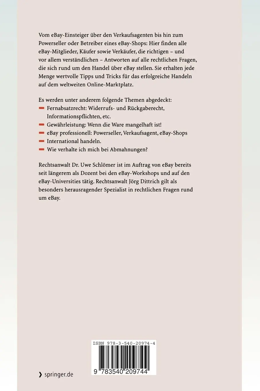 Rückseite: 9783540209744 | eBay &amp; Recht | Ratgeber für Käufer und Verkäufer | Dittrich (u. a.)