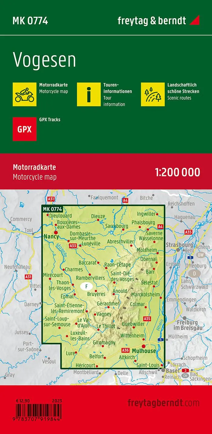 Rückseite: 9783707919844 | Vogesen, Motorradkarte 1:200.000, freytag &amp; berndt | Freytag &amp; Berndt