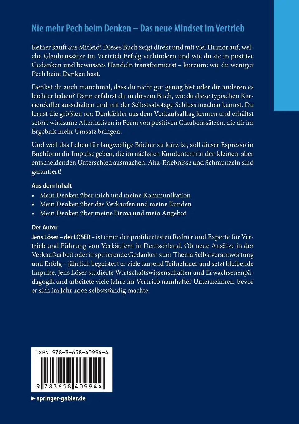 Rückseite: 9783658409944 | Nie mehr Pech beim Denken - Das neue Mindset im Vertrieb | Jens Löser