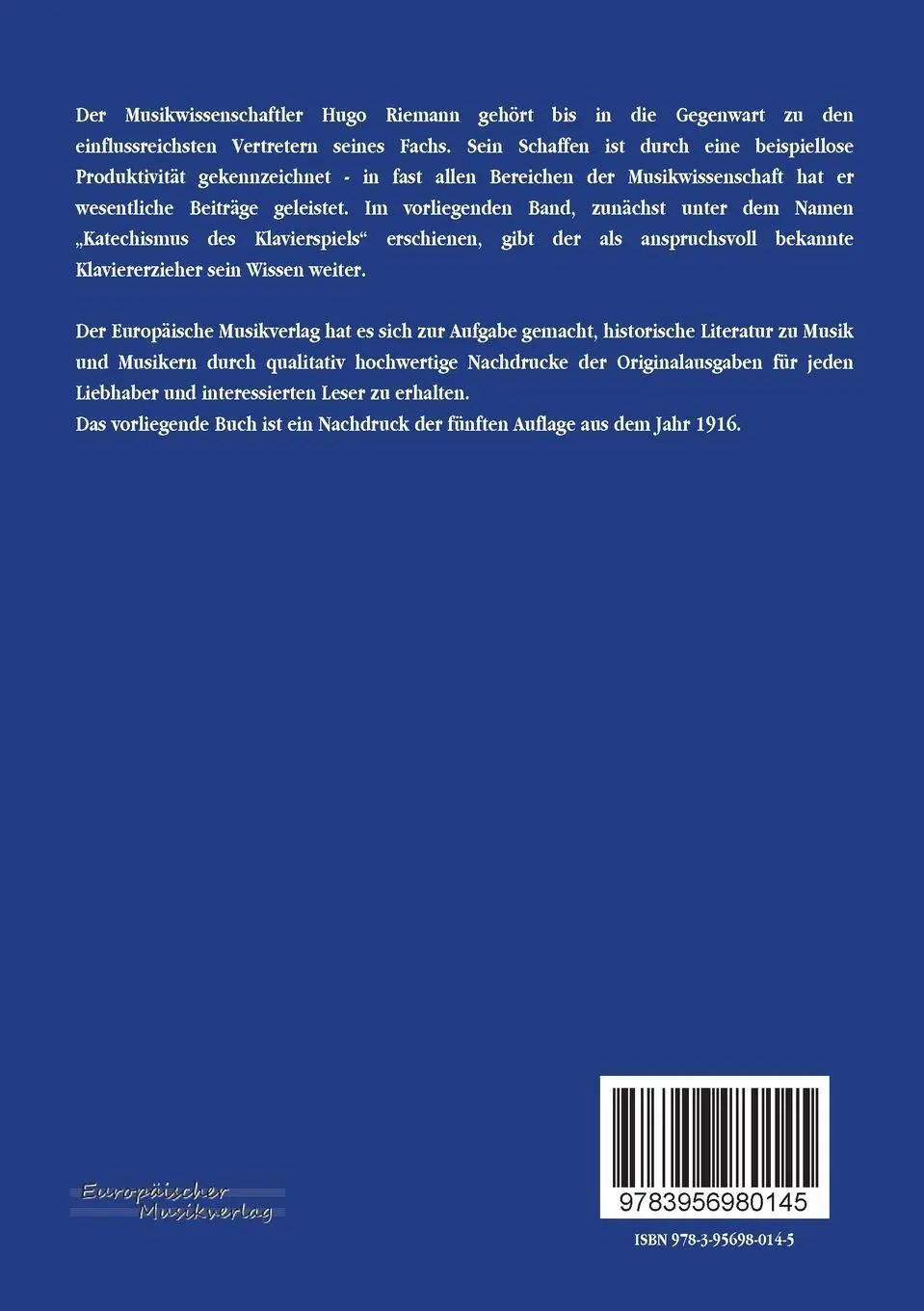 Rückseite: 9783956980145 | Handbuch des Klavierspiels | Hugo Riemann | Taschenbuch | 128 S.