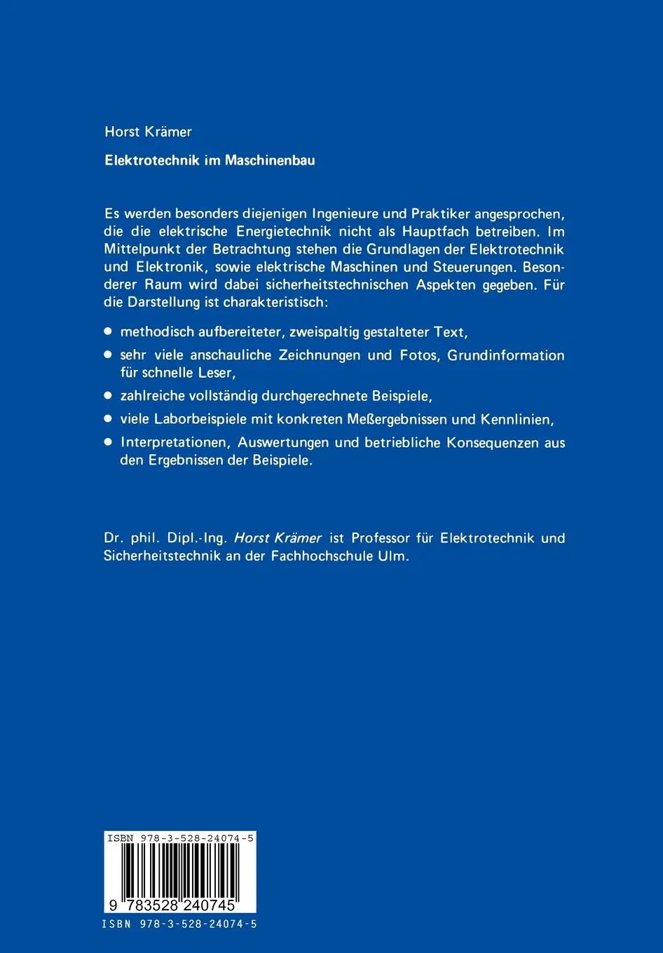 Rückseite: 9783528240745 | Elektrotechnik im Maschinenbau | Horst Krämer | Taschenbuch | xvi