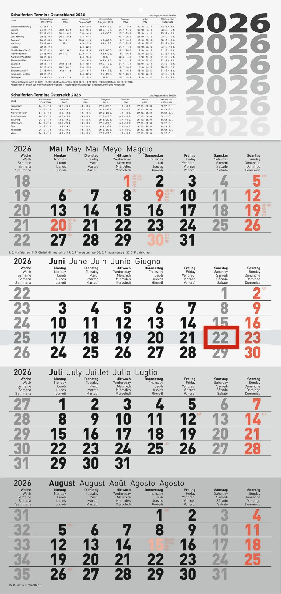 Cover: 4003273791145 | rido/idé 7033420006 4-Monatskalender 2026 grau, 300×630 mm | Kalender