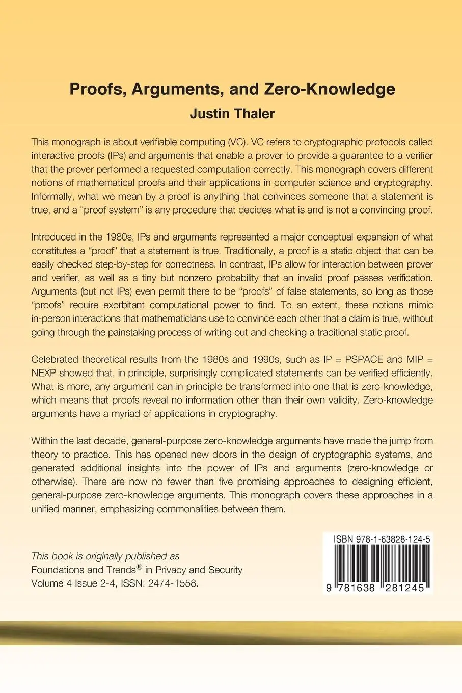 Rückseite: 9781638281245 | Proofs, Arguments, and Zero-Knowledge | Justin Thaler | Taschenbuch