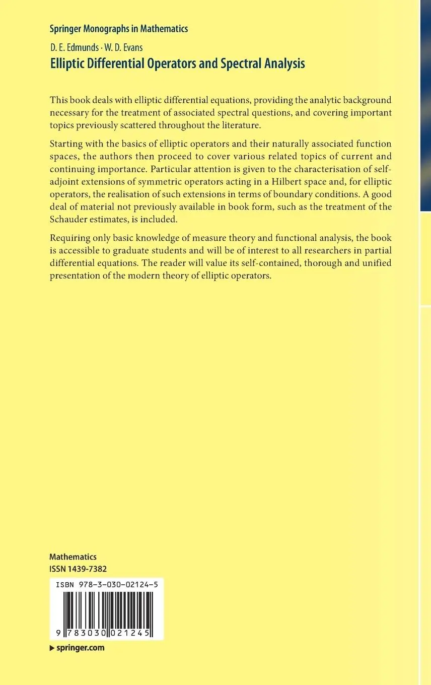 Rückseite: 9783030021245 | Elliptic Differential Operators and Spectral Analysis | Evans (u. a.)