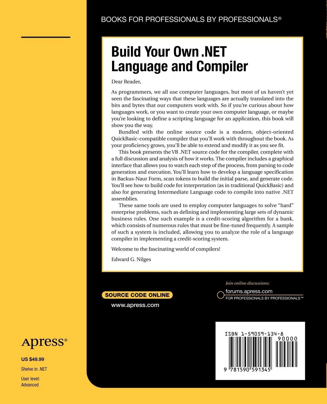 Rückseite: 9781590591345 | Build Your Own .NET Language and Compiler | Edward G. Nilges | Buch