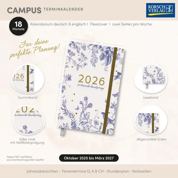 Bild: 9783731891345 | Terminkalender Campus Blühen 18 Monate 2026/2027 | Verlag Korsch