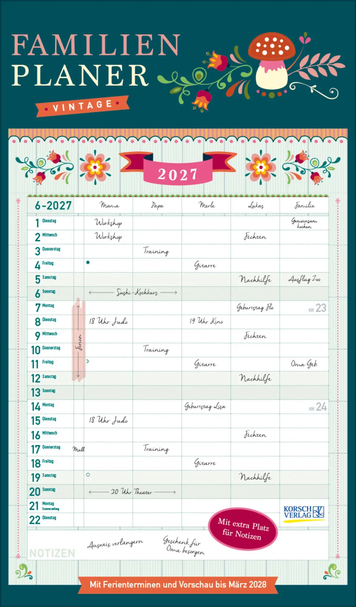 Cover: 9783819301445 | Familienplaner Vintage 2027 | Verlag Korsch | Kalender | 14 S. | 2027
