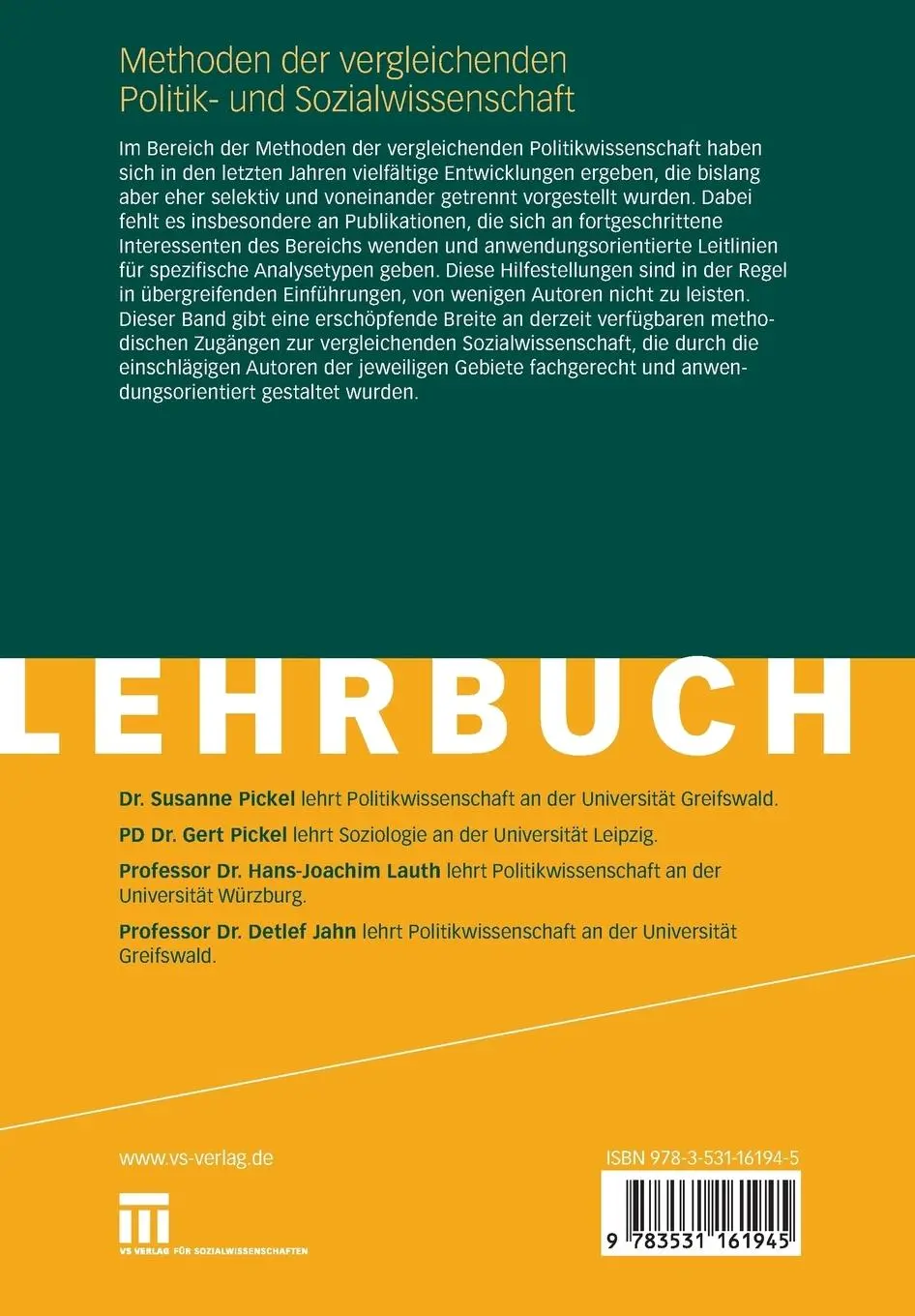 Rückseite: 9783531161945 | Methoden der vergleichenden Politik- und Sozialwissenschaft | Buch