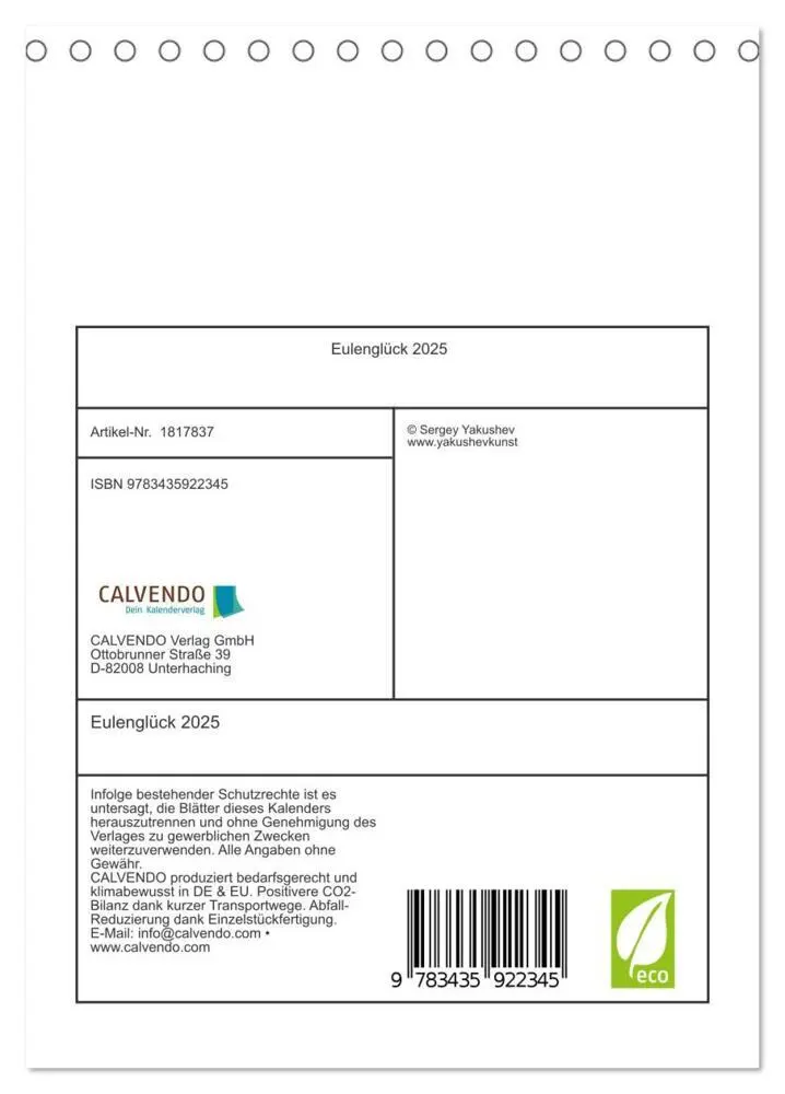 Bild: 9783435922345 | Eulenglück 2025 (Tischkalender 2025 DIN A5 hoch), CALVENDO...