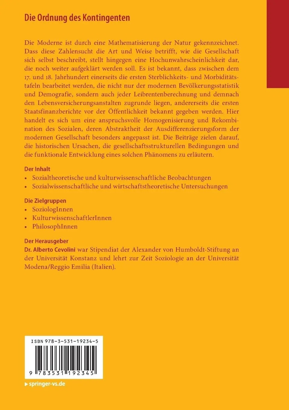 Rückseite: 9783531192345 | Die Ordnung des Kontingenten | Alberto Cevolini | Taschenbuch | viii