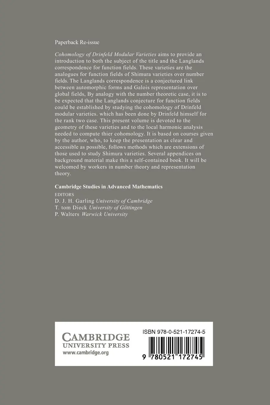 Rückseite: 9780521172745 | Cohomology of Drinfeld Modular Varieties, Part 1, Geometry,...