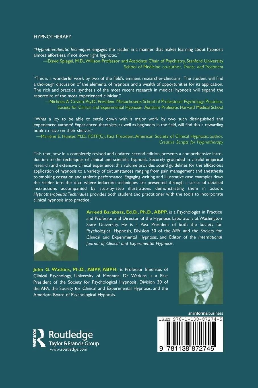 Rückseite: 9781138872745 | Hypnotherapeutic Techniques | Second Edition | Arreed Barabasz (u. a.)
