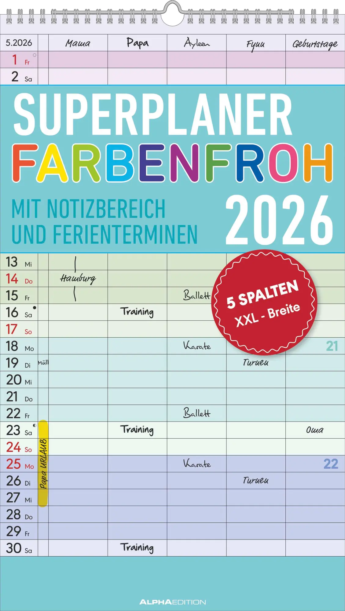 Cover: 4069095002845 | Superplaner Farbenfroh 2026 - 5 Spalten - Familienkalender 26x45 cm...