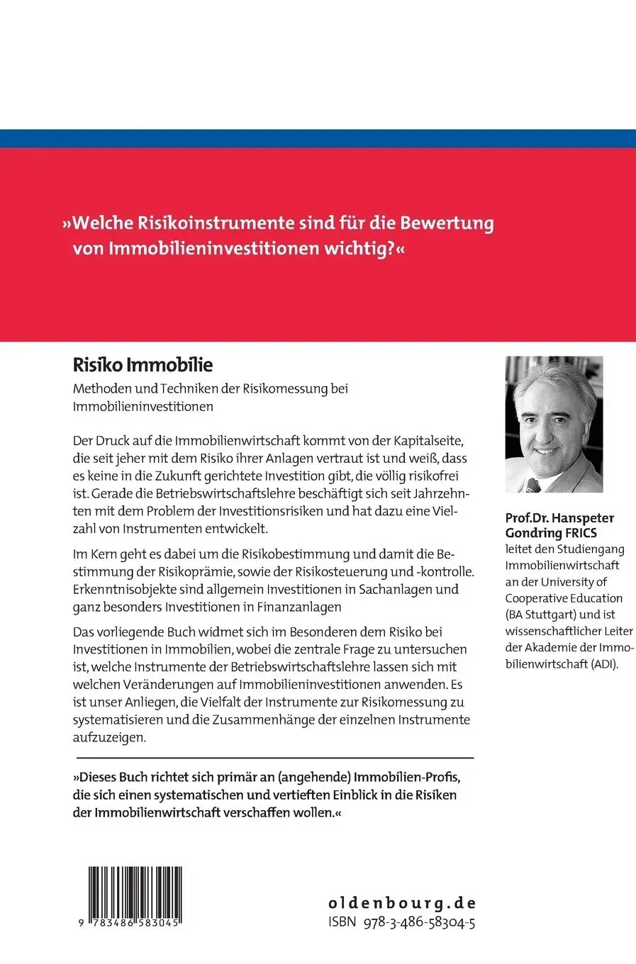 Rückseite: 9783486583045 | Risiko Immobilie | Hanspeter Gondring | Buch | XIV | Deutsch | 2007