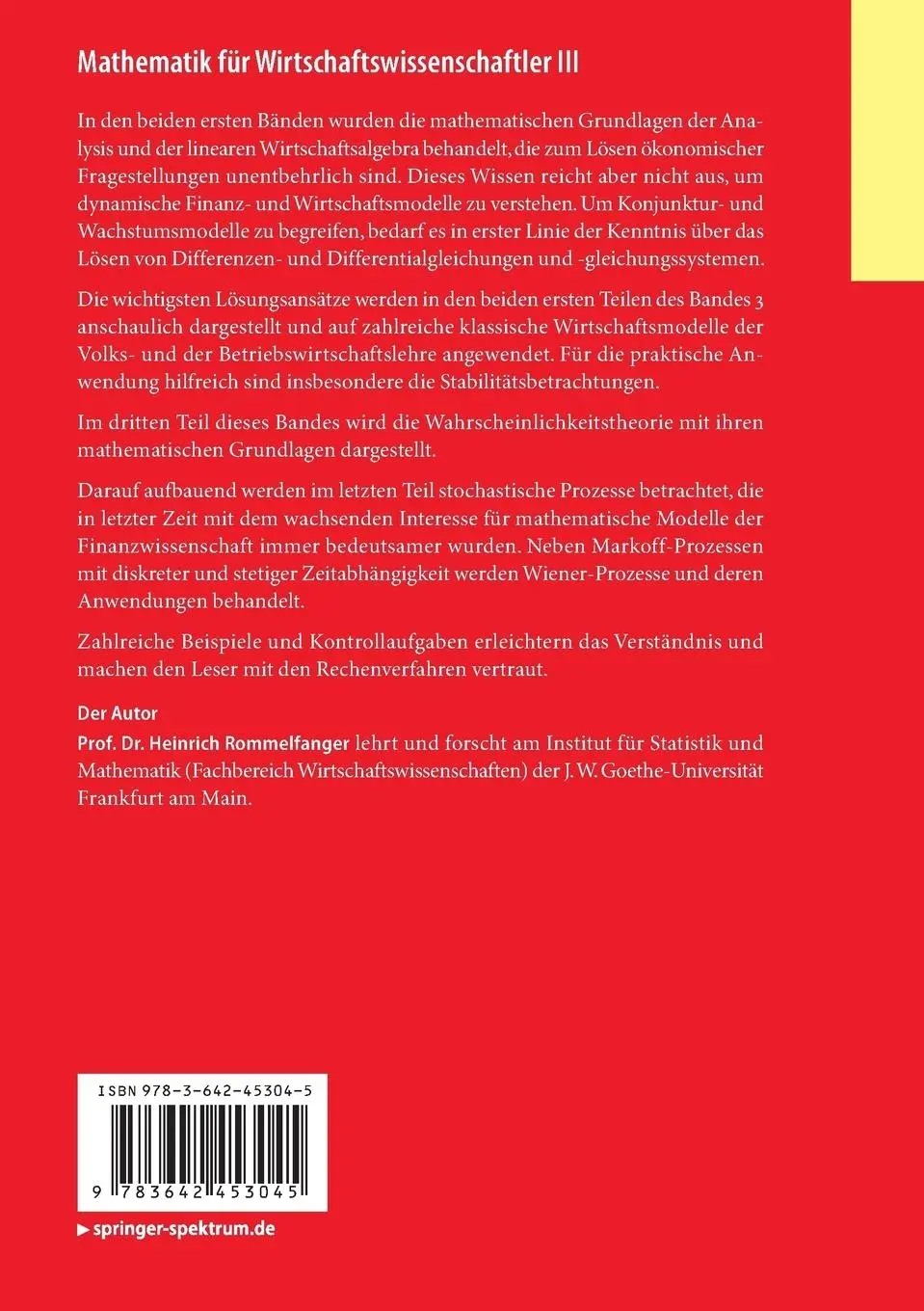 Rückseite: 9783642453045 | Mathematik für Wirtschaftswissenschaftler III | Heinrich Rommelfanger