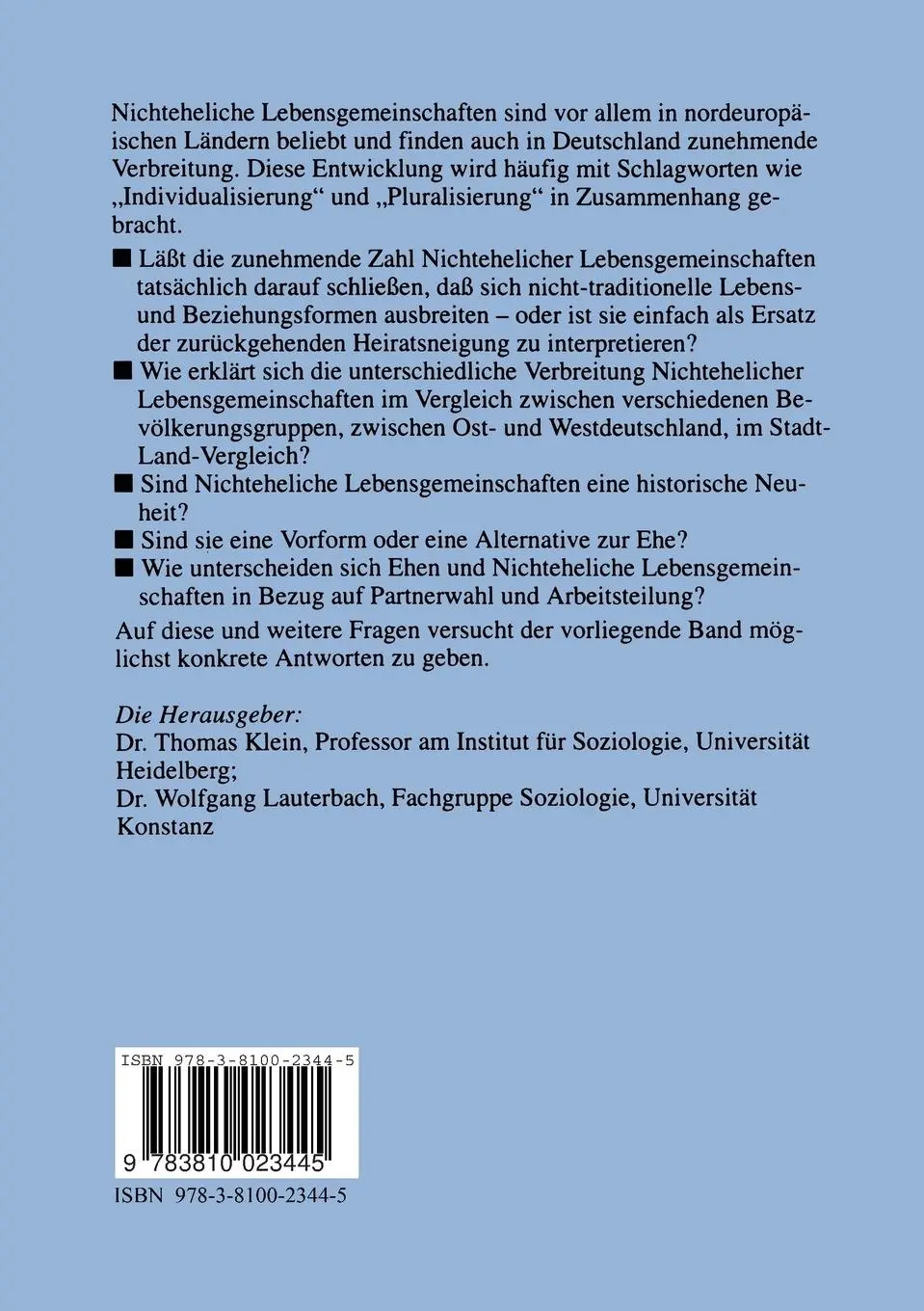 Rückseite: 9783810023445 | Nichteheliche Lebensgemeinschaften | Wolfgang Lauterbach (u. a.)