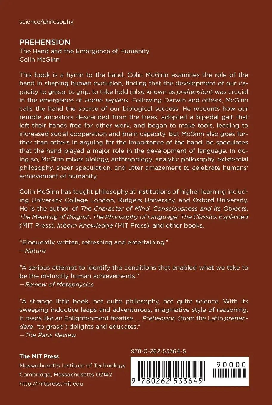 Rückseite: 9780262533645 | Prehension | The Hand and the Emergence of Humanity | Colin Mcginn