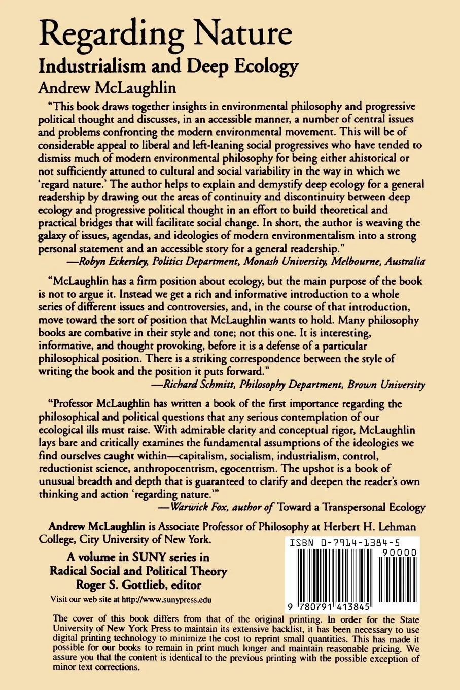 Rückseite: 9780791413845 | Regarding Nature | Industrialism and Deep Ecology | Andrew McLaughlin