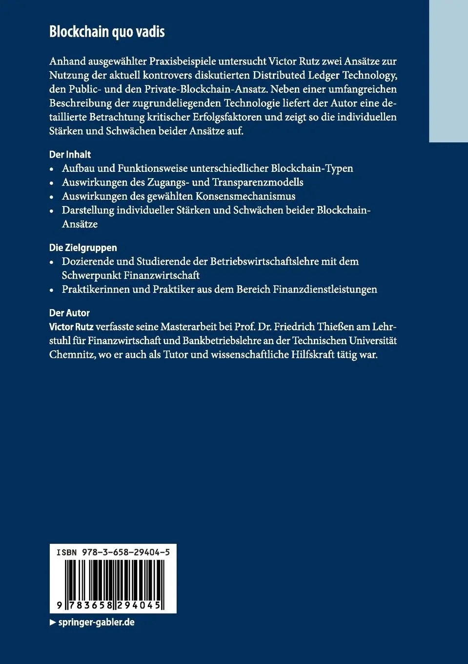 Rückseite: 9783658294045 | Blockchain quo vadis | Victor Rutz | Taschenbuch | xvi | Deutsch