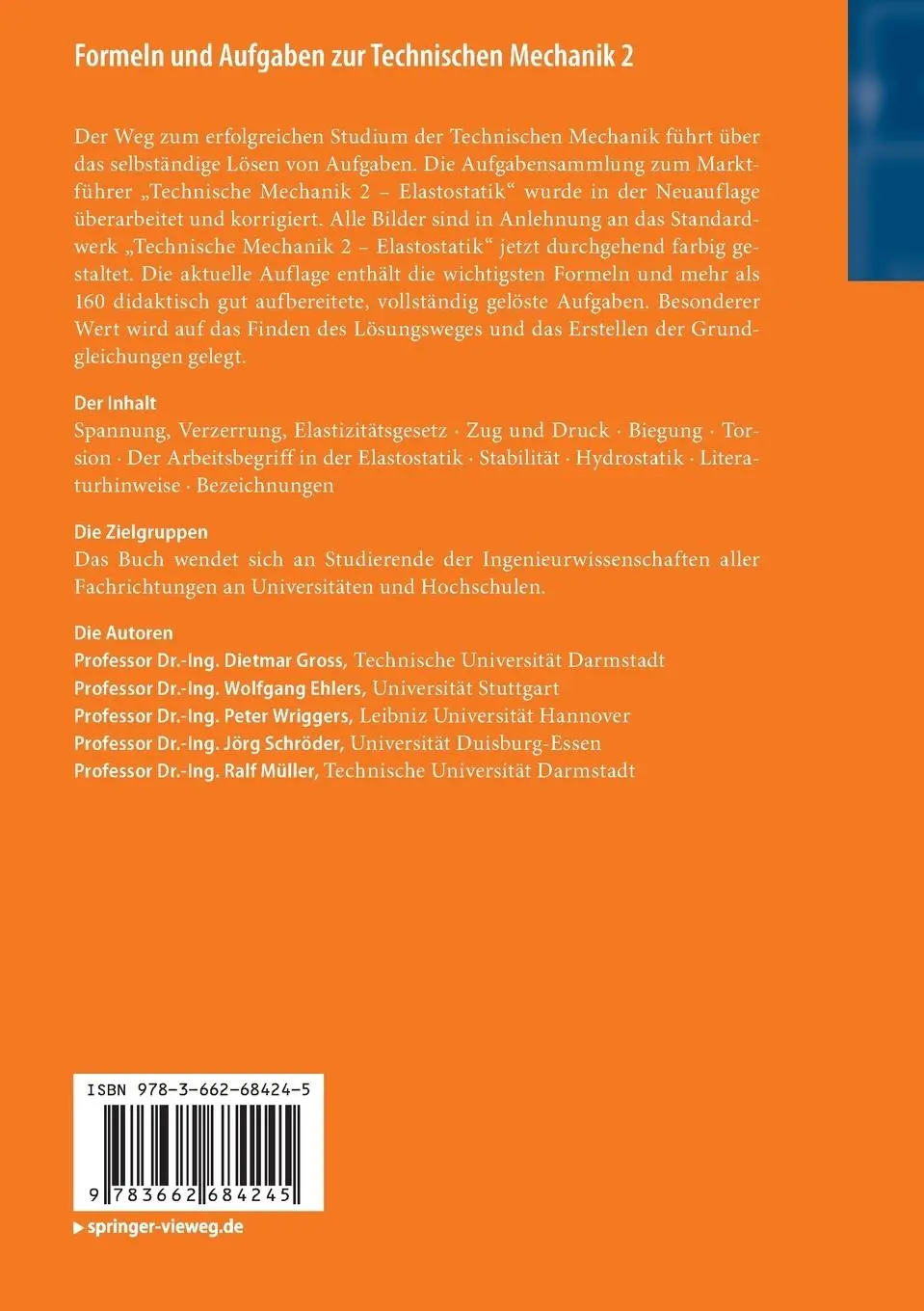 Rückseite: 9783662684245 | Formeln und Aufgaben zur Technischen Mechanik 2 | Gross (u. a.) | Buch