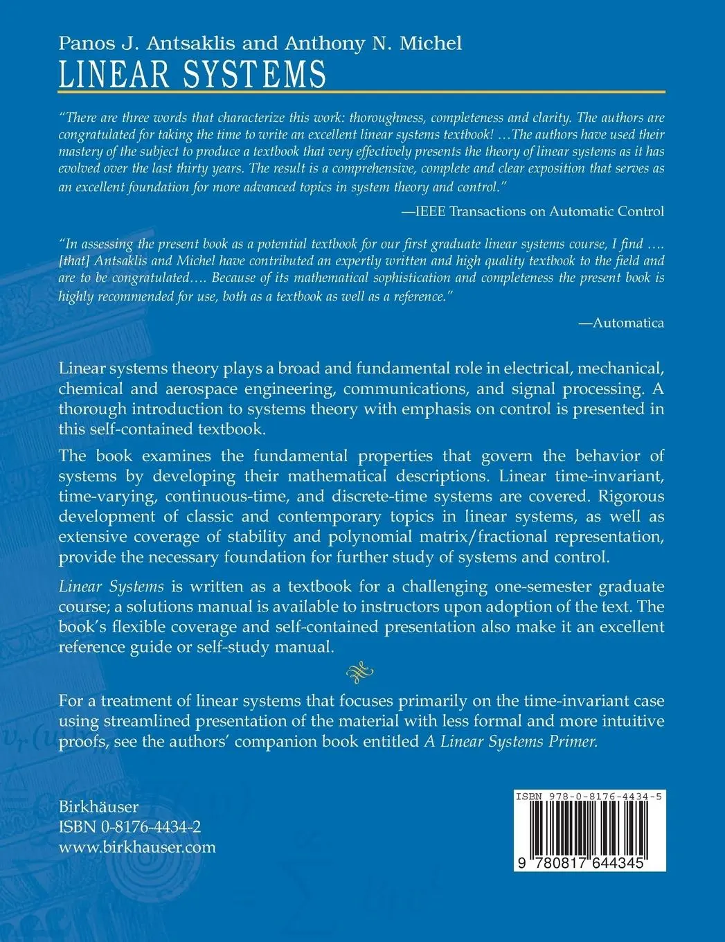 Rückseite: 9780817644345 | Linear Systems | Anthony N. Michel (u. a.) | Buch | xviii | Englisch