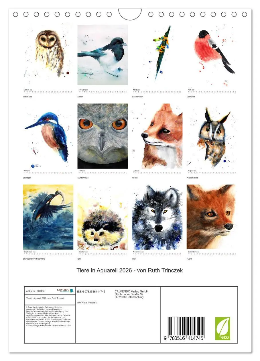 Bild: 9783516414745 | Tiere in Aquarell 2026 - von Ruth Trinczek (Wandkalender 2026 DIN...