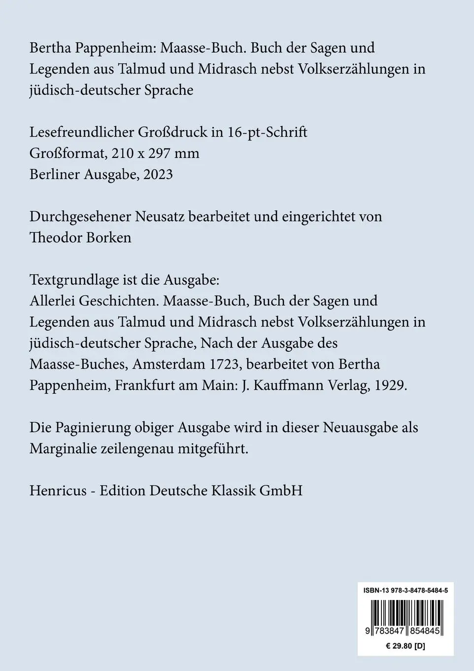 Rückseite: 9783847854845 | Maasse-Buch (Großdruck) | Bertha Pappenheim | Taschenbuch | Paperback
